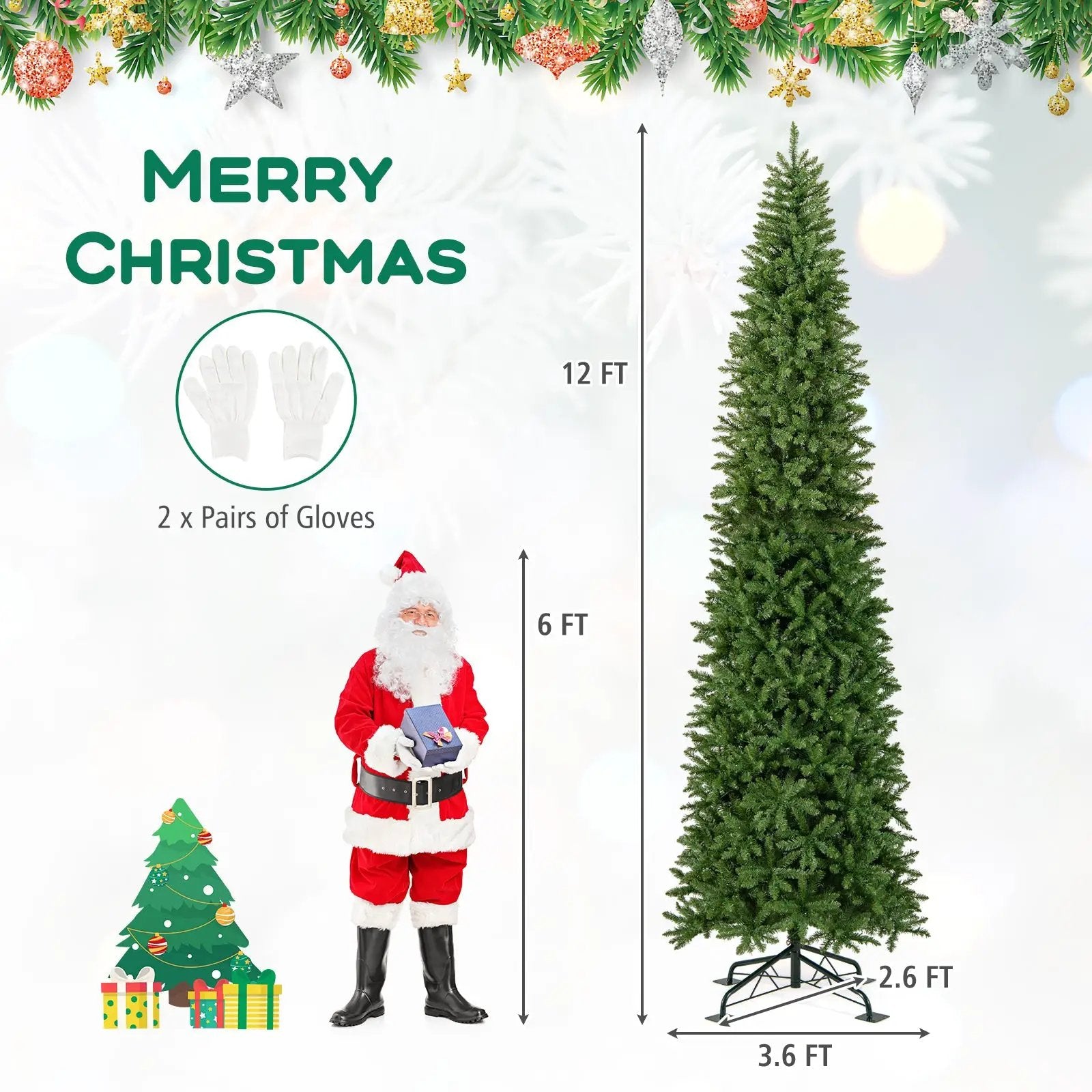 12 Feet Tall Pre-Lit Artificial Christmas Tree Outdoor Indoor Slim Pencil Tree with Lights by DirectDeals