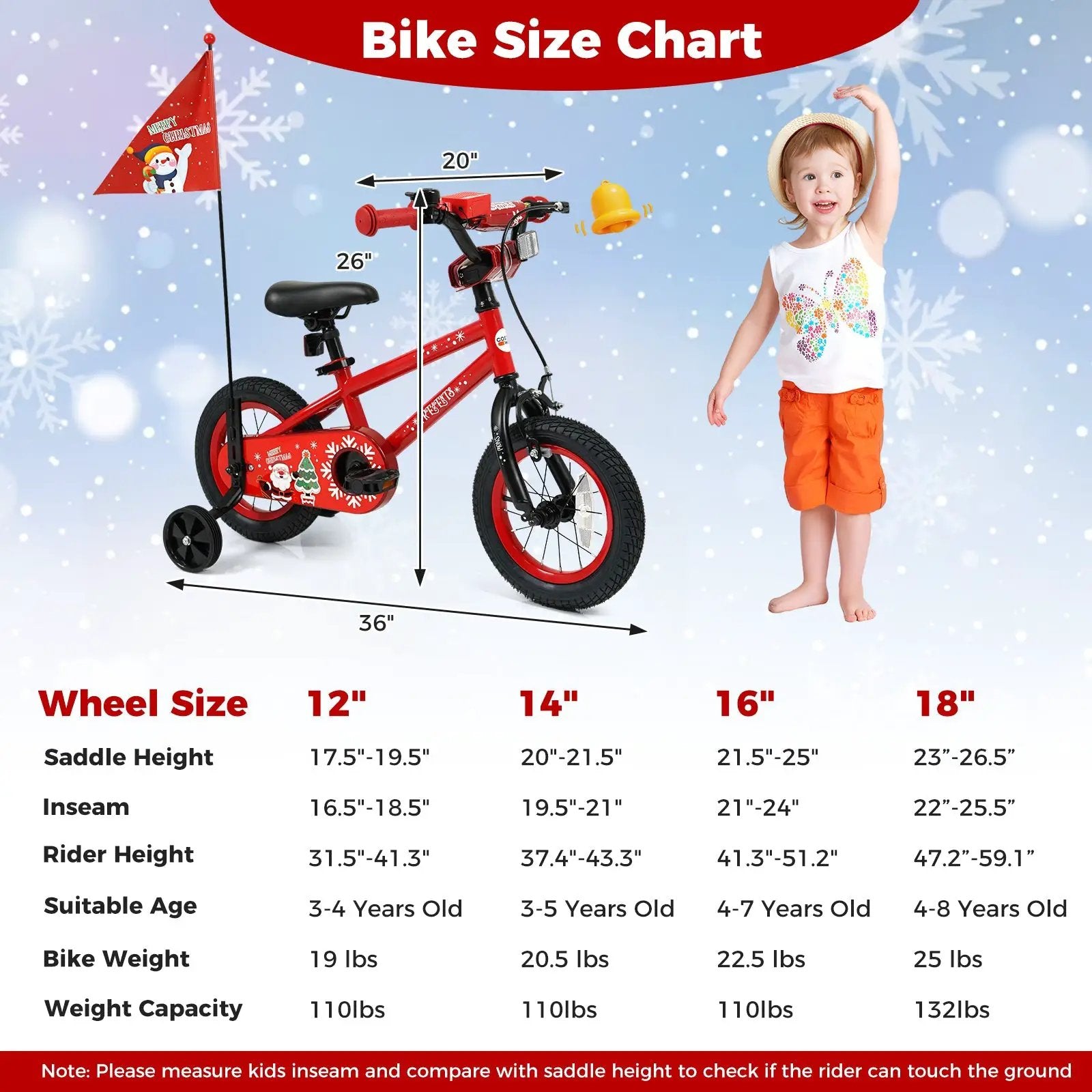 Kids Bike 12-18 Inch with Training Wheels & Christmas Music by DirectDeals