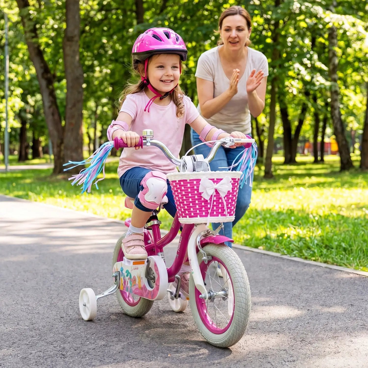 Kids Bike 18-Inch with Training Wheels and Basket Rose Red by DirectDeals