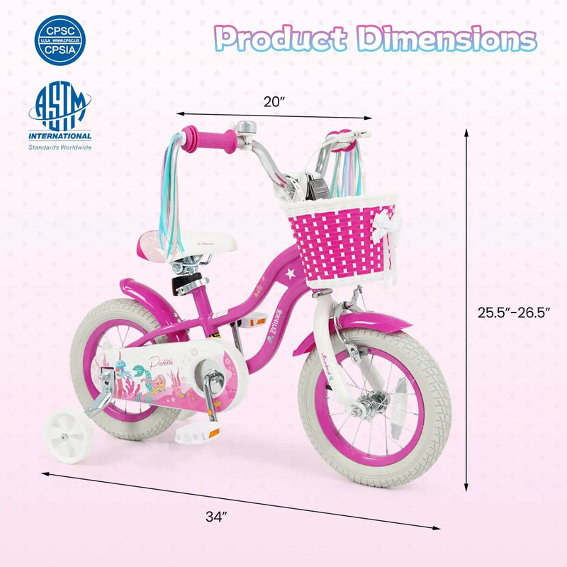 Kids Bike 18-Inch with Training Wheels and Basket Rose Red by DirectDeals