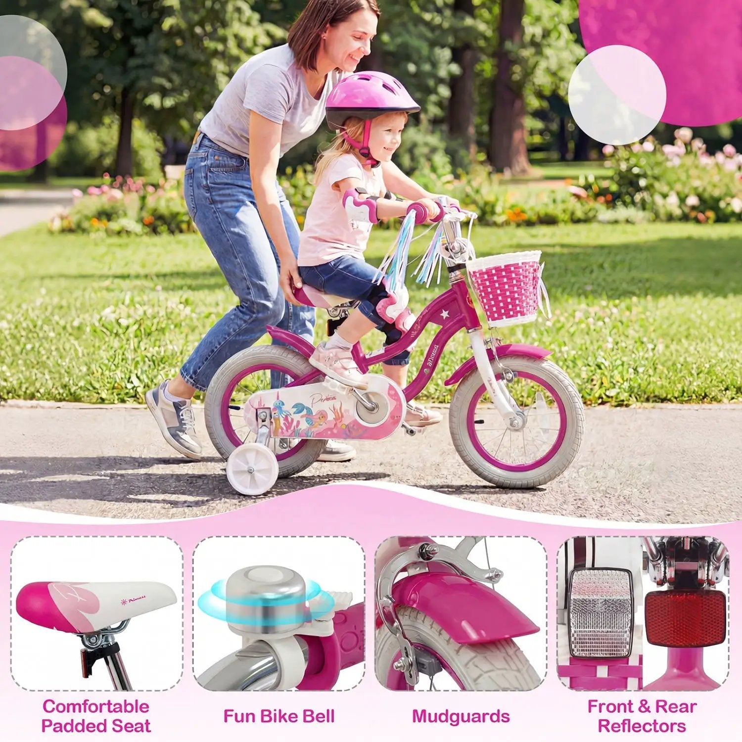 Kids Bike 18-Inch with Training Wheels and Basket Rose Red by DirectDeals