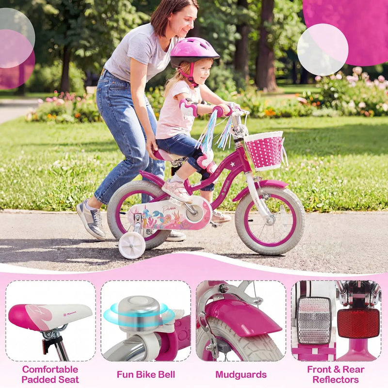 Kids Bike 18-Inch with Training Wheels and Basket Rose Red by DirectDeals