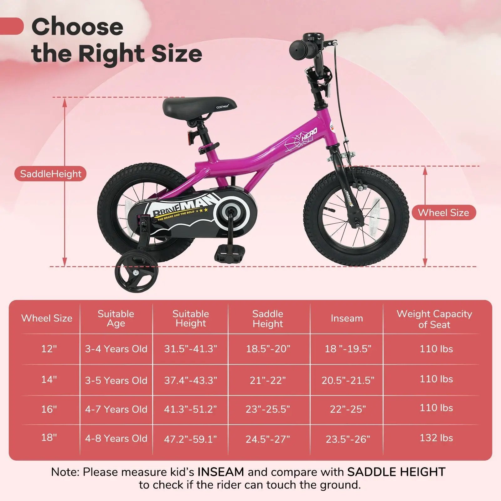 Kids Bike 14-Inch with Removable Training Wheels Pink by DirectDeals