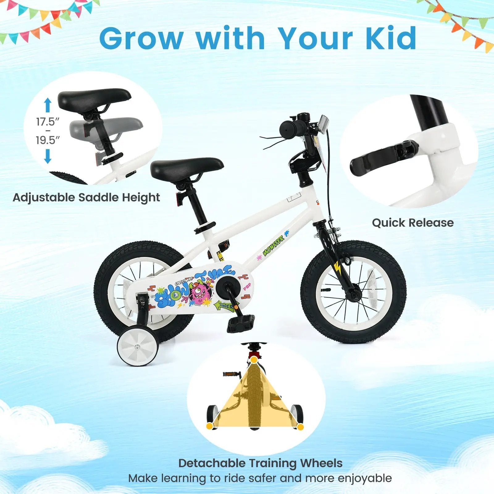 Kids Bike with Training Wheels 12-18 Inch White by DirectDeals