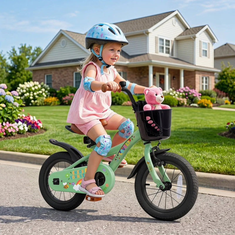 Girls Bike 12 Inch with Training Wheels and Basket - Green by DirectDeals