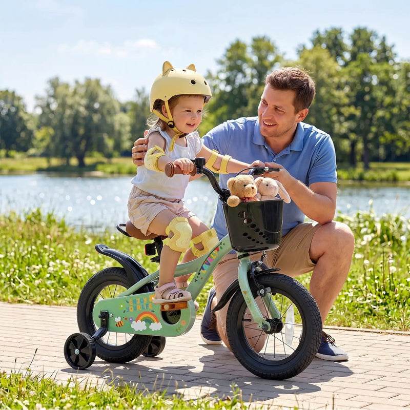 Girls Bike 12 Inch with Training Wheels and Basket - Green by DirectDeals
