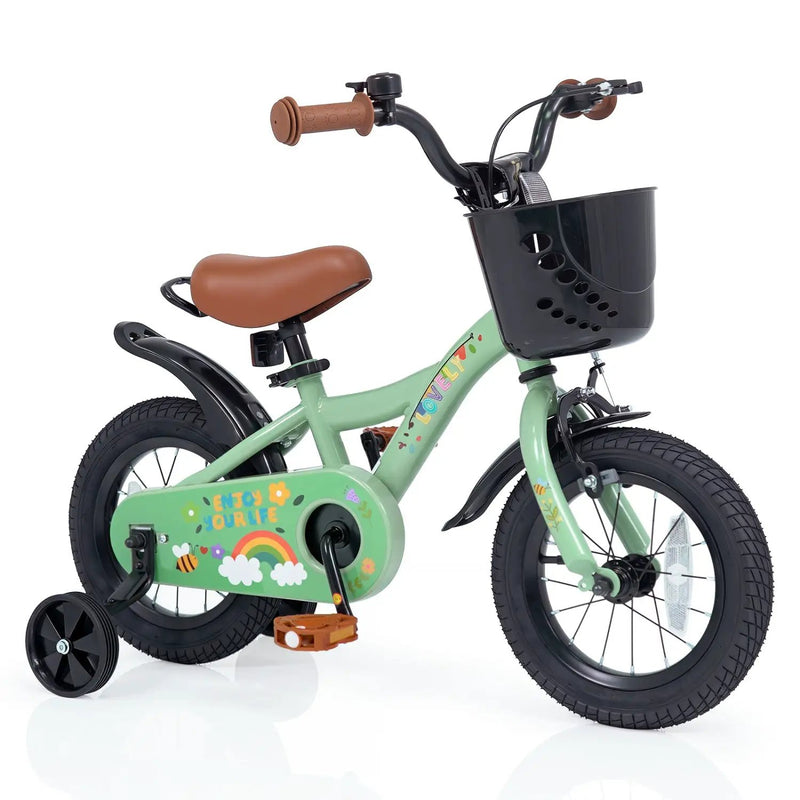 Girls Bike 12 Inch with Training Wheels and Basket - Green by DirectDeals