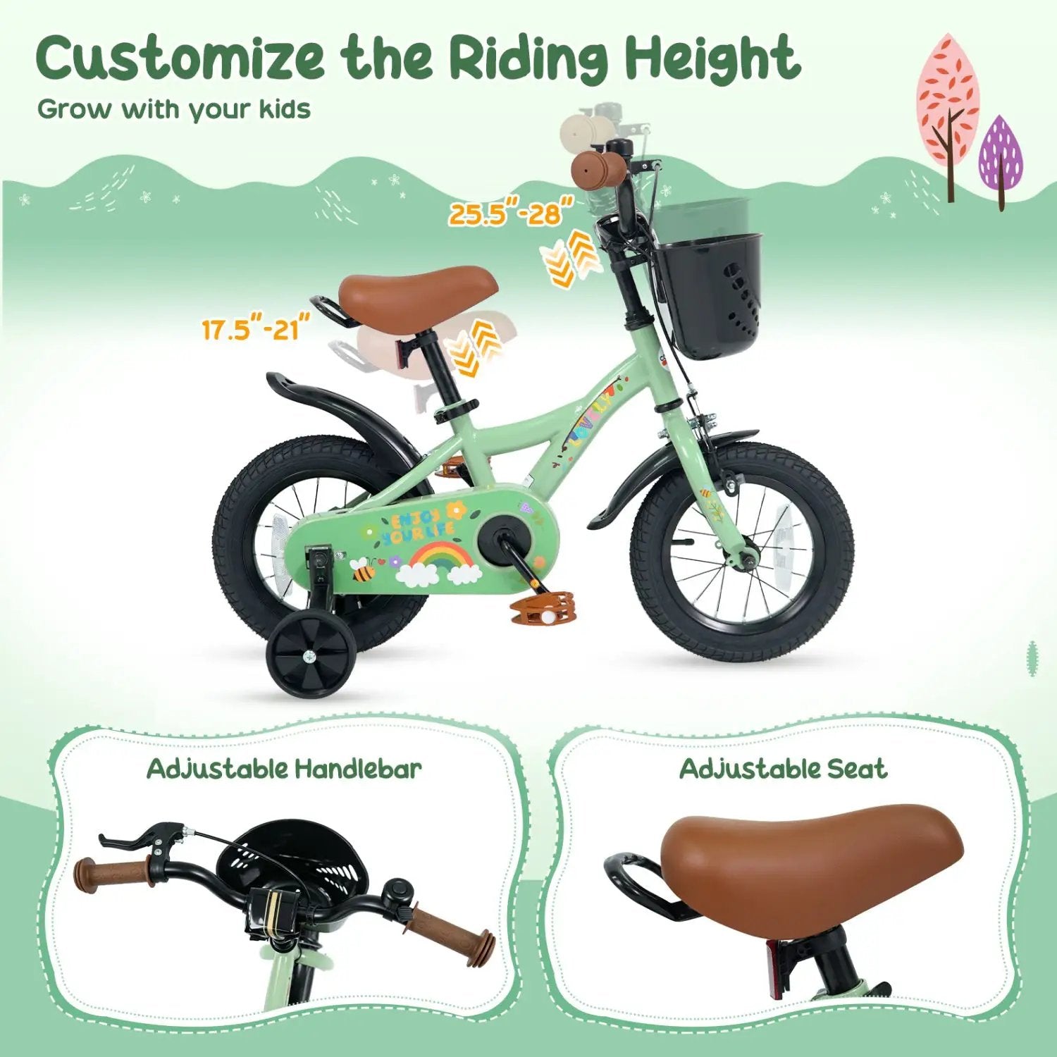 Girls Bike 12 Inch with Training Wheels and Basket - Green by DirectDeals