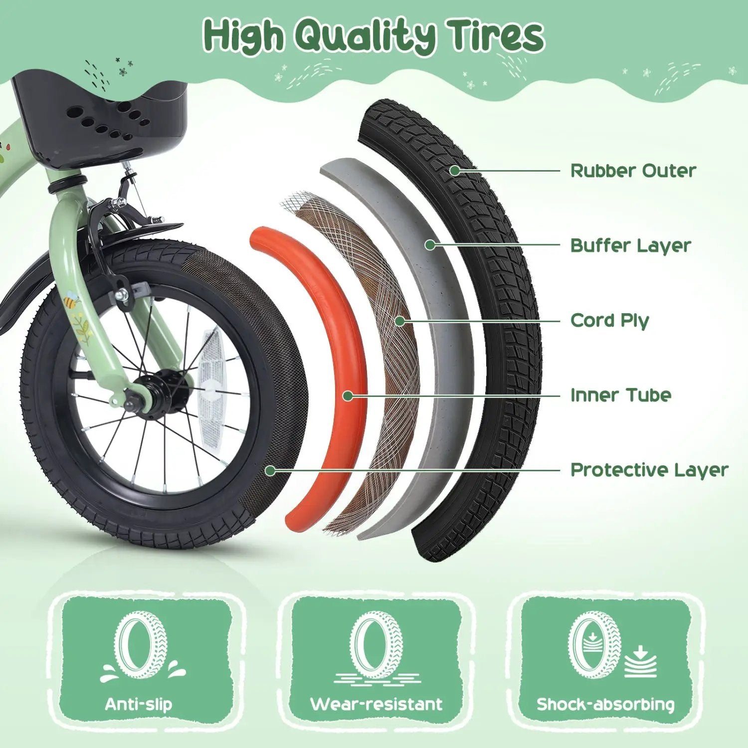 Girls Bike 12 Inch with Training Wheels and Basket - Green by DirectDeals