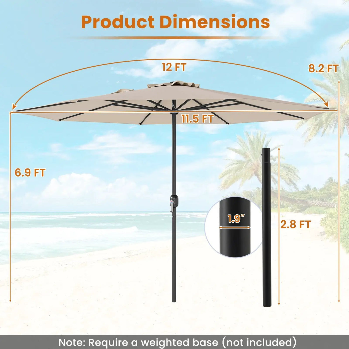 12 Feet Patio Umbrella with Crank Handle and 8 Sturdy Ribs by DirectDeals