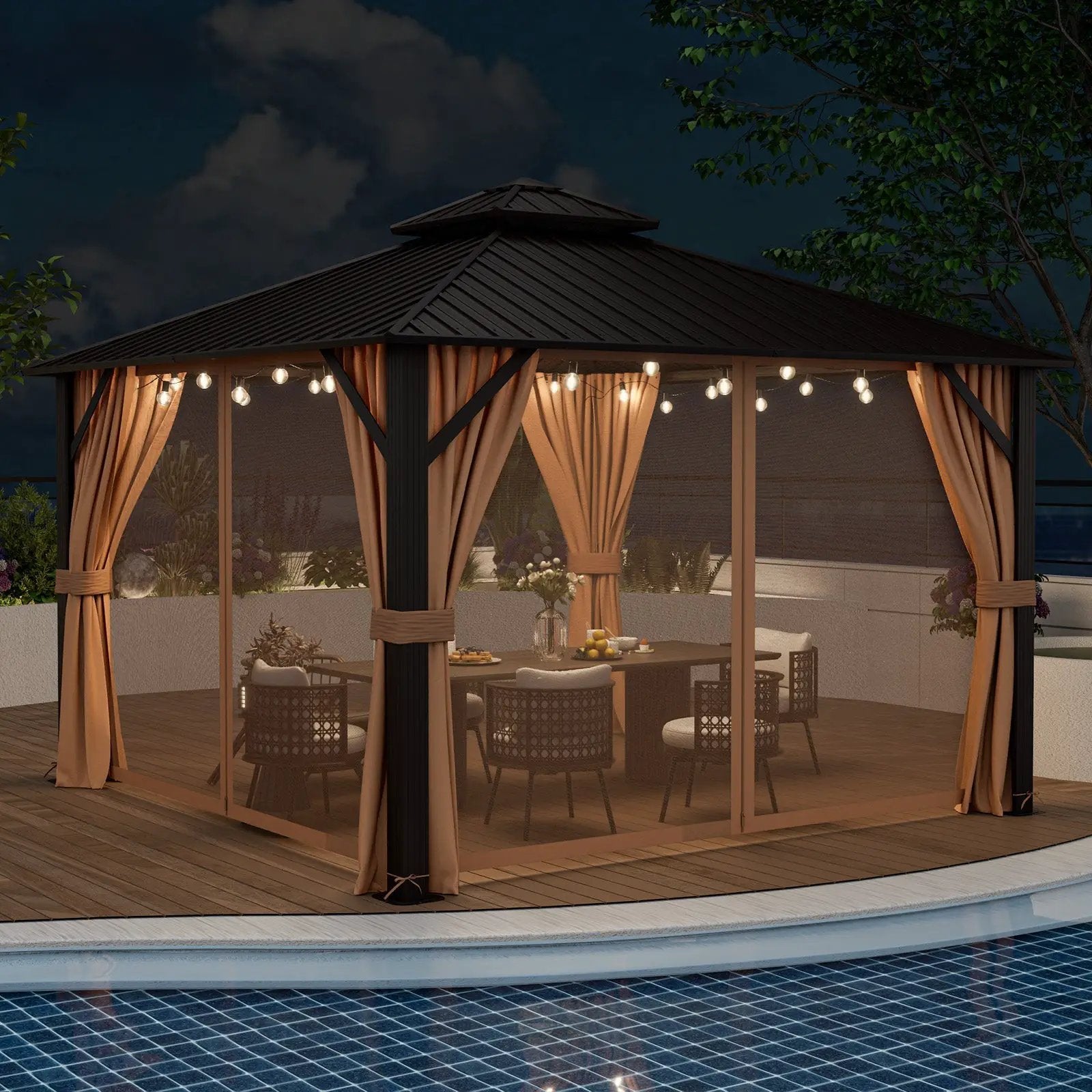 12 x 12 Feet Double-Roof Patio Hardtop Gazebo with Galvanized Steel Roof Netting and Curtains-Coffee by DirectDeals