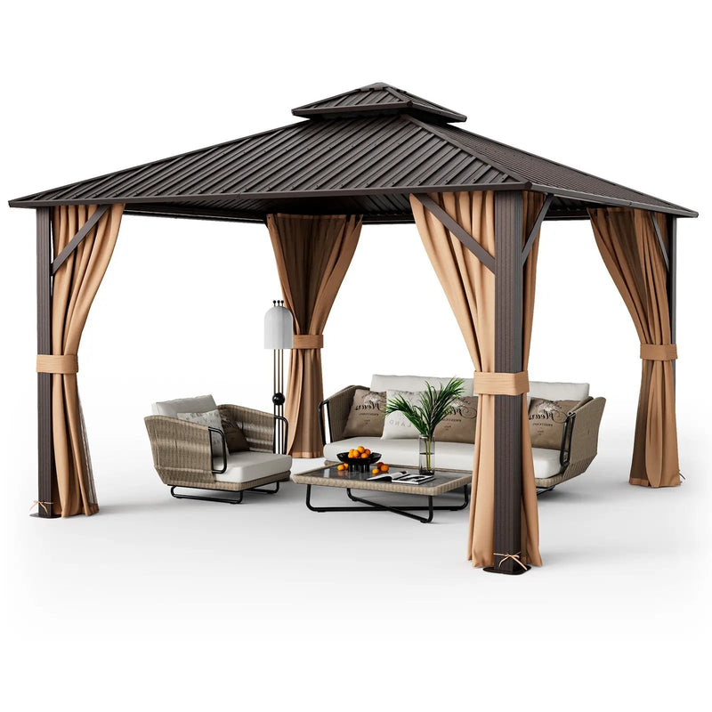 12 x 12 Feet Double-Roof Patio Hardtop Gazebo with Galvanized Steel Roof Netting and Curtains-Coffee by DirectDeals