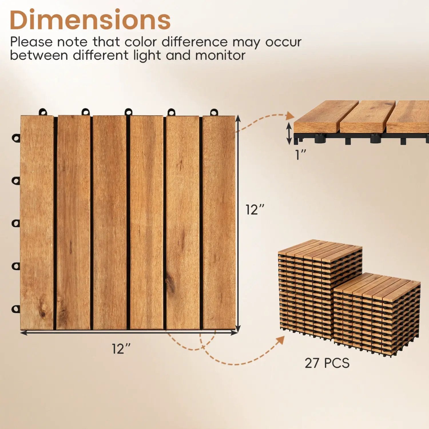 Acacia Wood Interlocking Deck Tiles 12x12 Inch - 27 Pack by DirectDeals