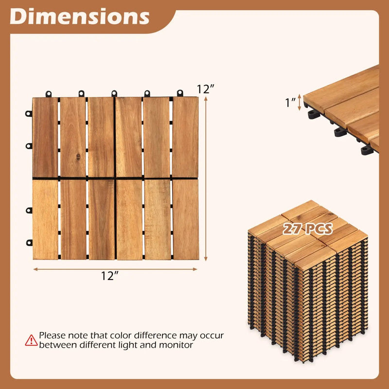 Acacia Wood Interlocking Deck Tiles 12x12 Inch - 27 Pack by DirectDeals