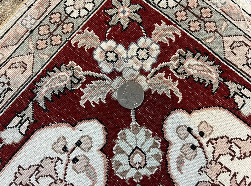 Silk Indian Kashmiri Rug 4x6 ft, Floral Medallion Hand Knotted Handmade Oriental Carpet, Vintage, Cream Burgundy, Very Fine Silk Rug 4 x 6 by Jewel Rugs