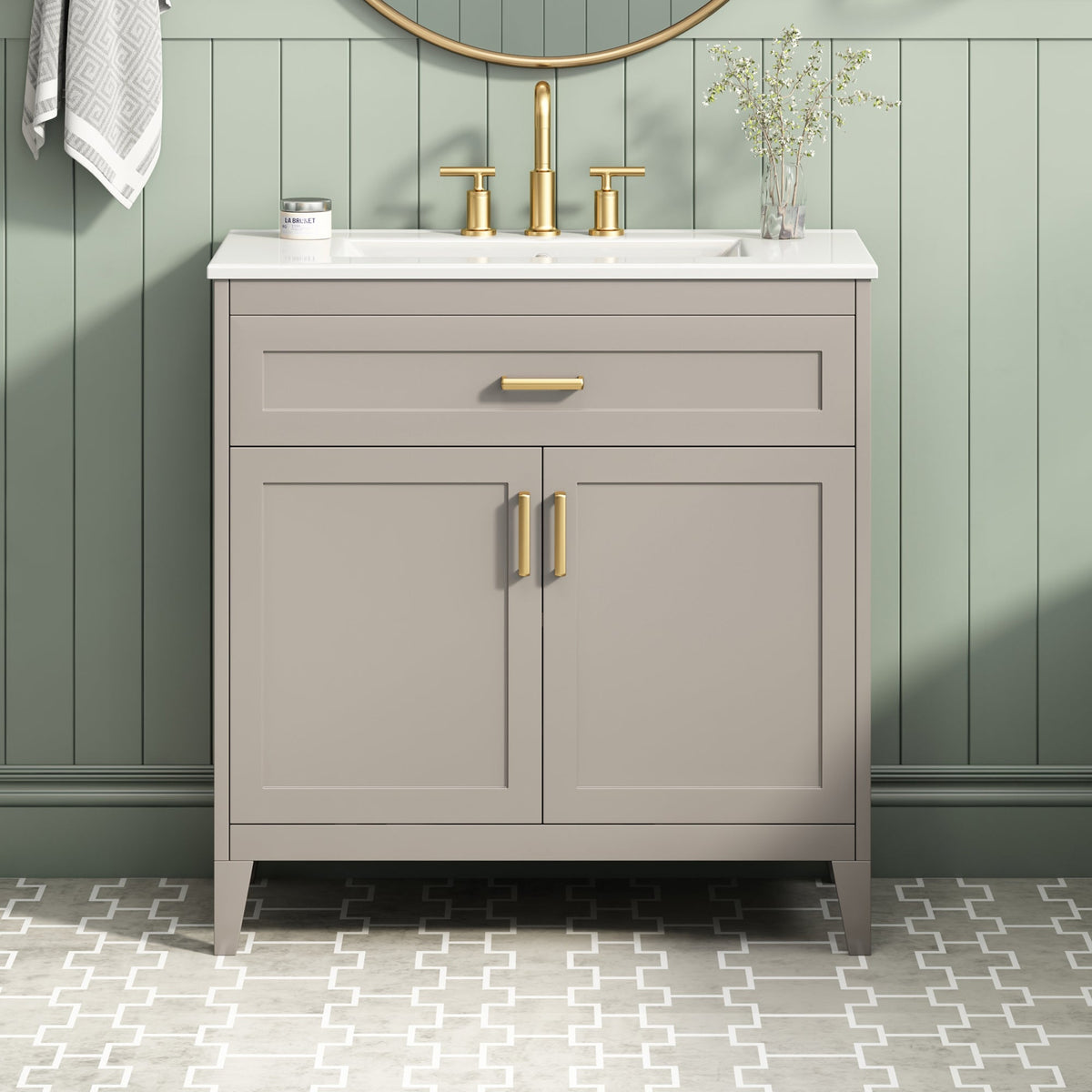 30" Bathroom Vanity with Ceramic Sink Top and Solid Wood Legs - Beige or Wood, photo 8 of 10