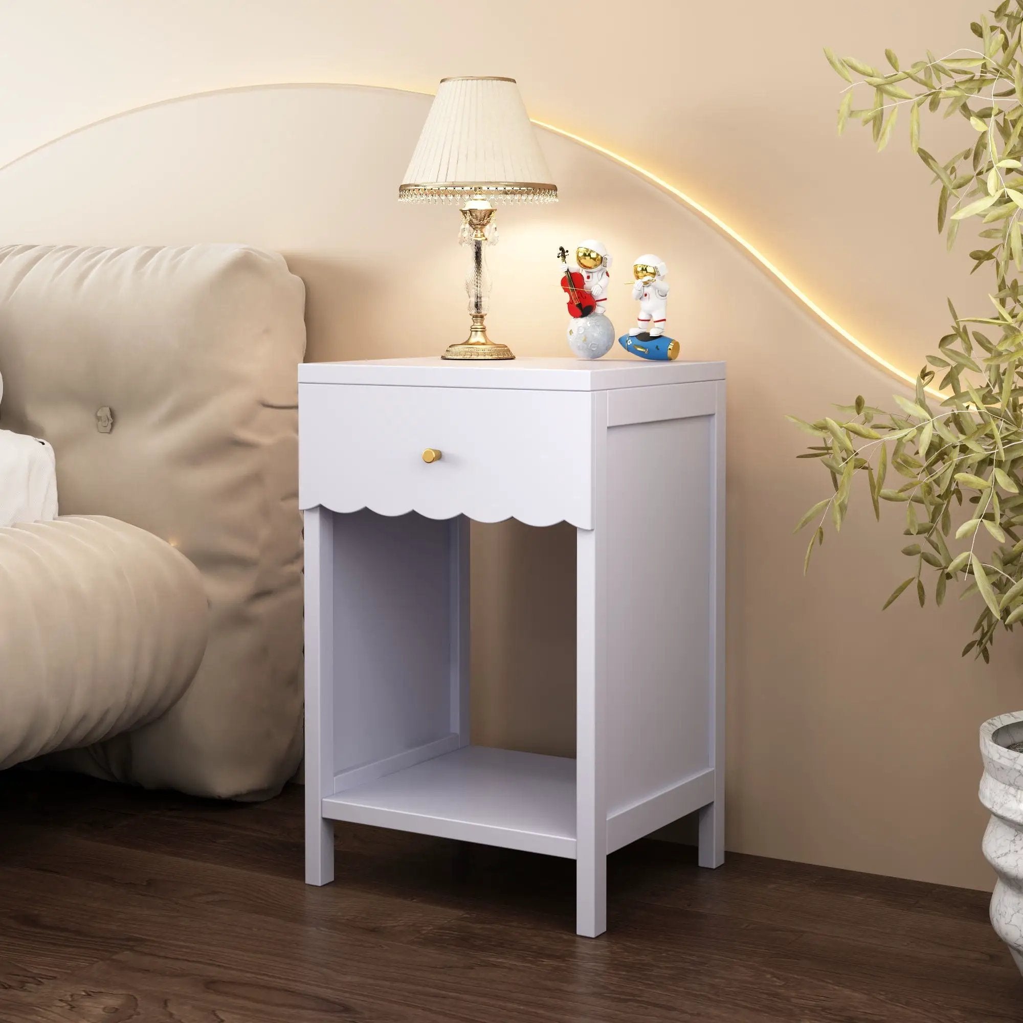 Nightstand With Drawer And Open Shelf, Scalloped Edge Bedside Table by Unique Piece Furniture
