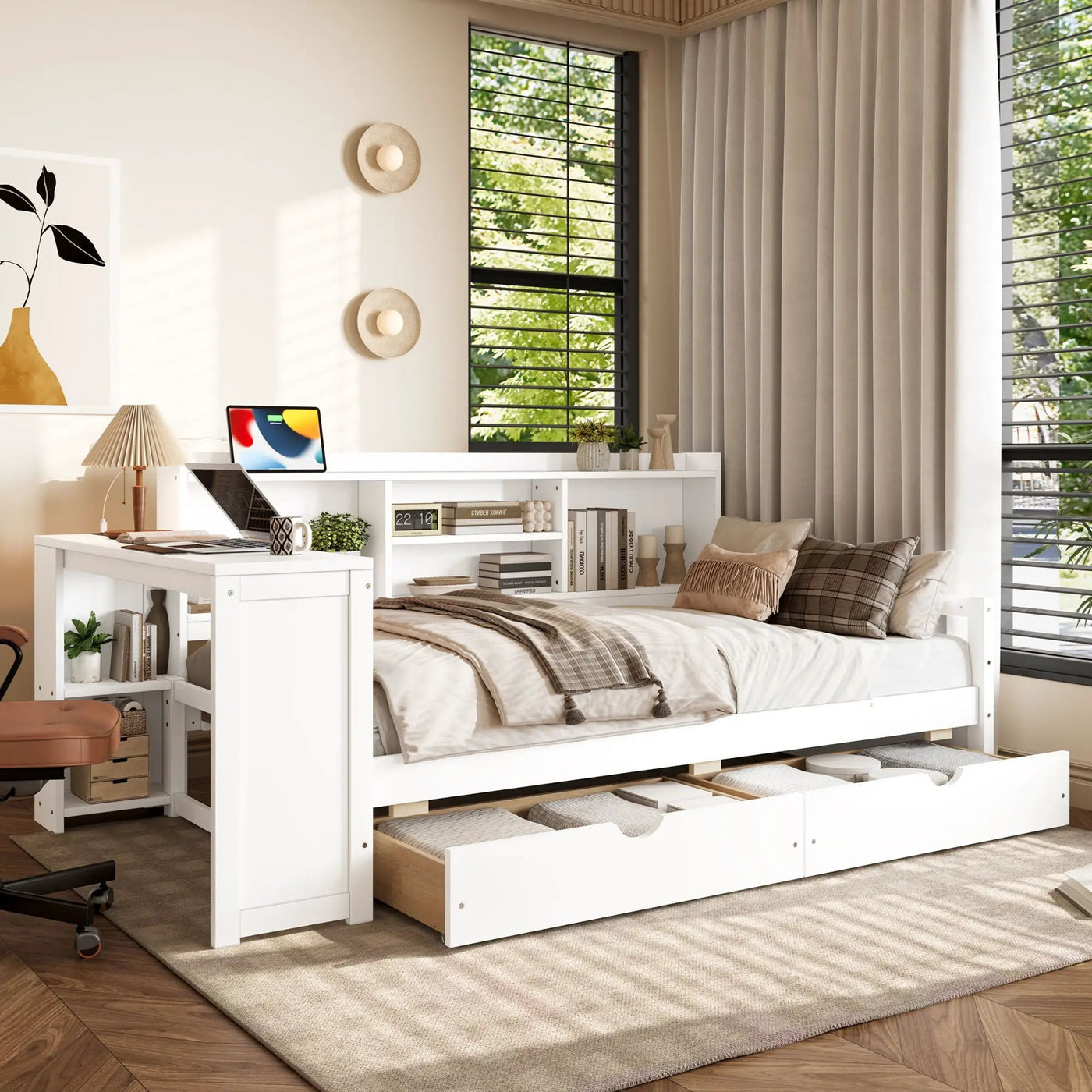 Corner Daybed With Storage Drawers, Desk, Charging Port & Bookcase by HouseOfZazla