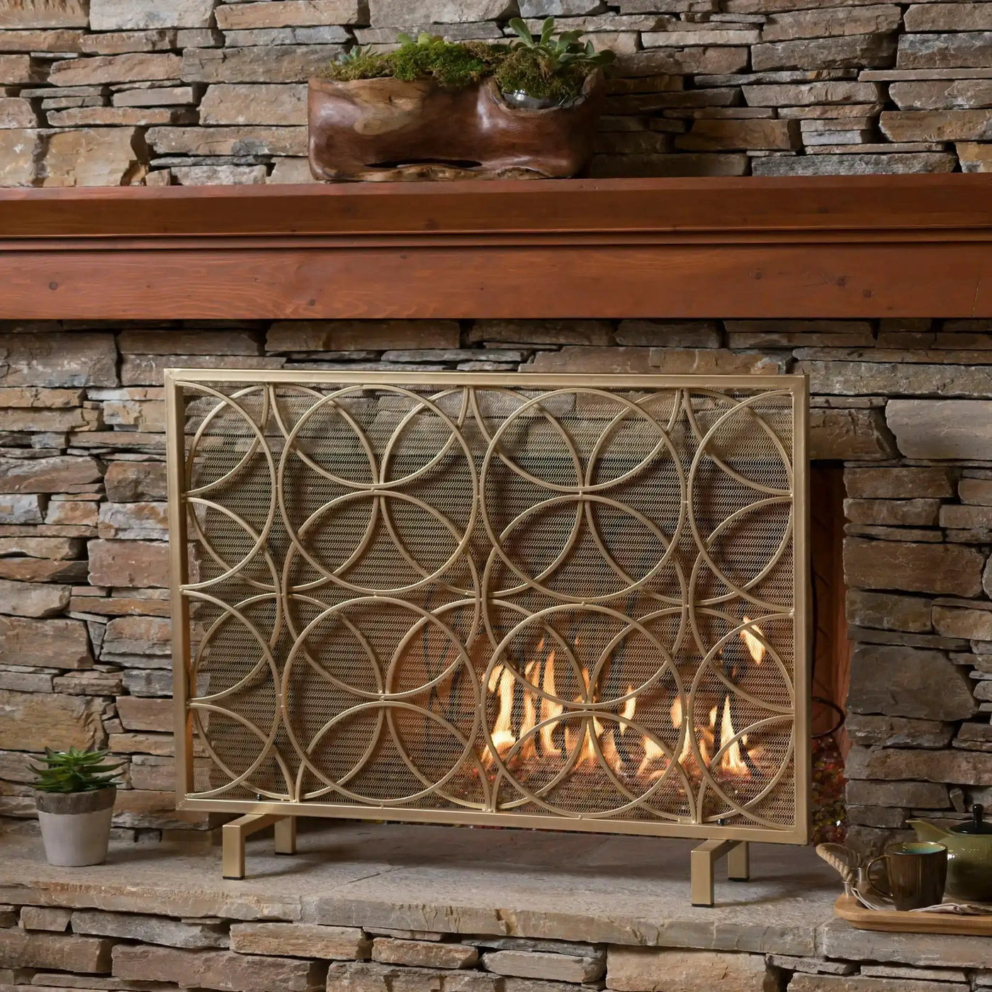 Thayer Single Panel Iron Fireplace Screen with Geometric Design by HouseOfZazla
