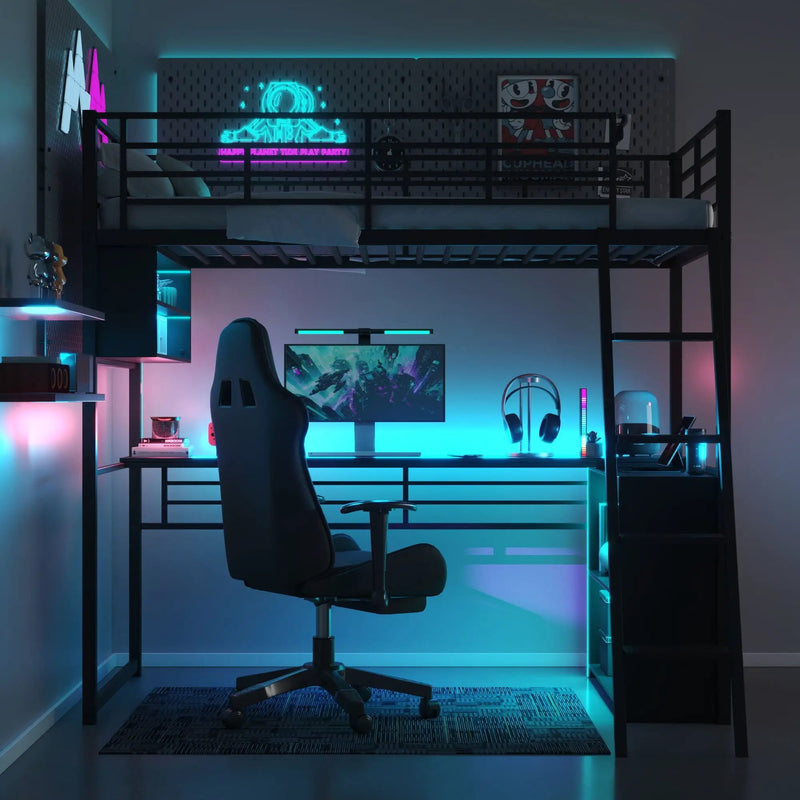 Loft Bed With LED Desk And 4 Storage Shelves by Unique Piece Furniture