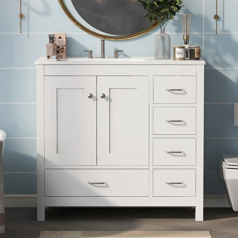 Bathroom Vanity With Ceramic Sink Combo, Abundant Storage Cabinet 2 Soft Close Doors And 5 Drawers by HouseOfZazla