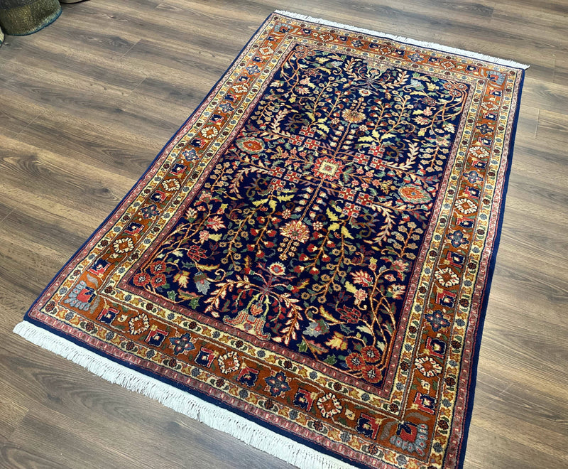 Indo Persian Sarouk Rug 4x6, Blue and Rust Red by Jewel Rugs