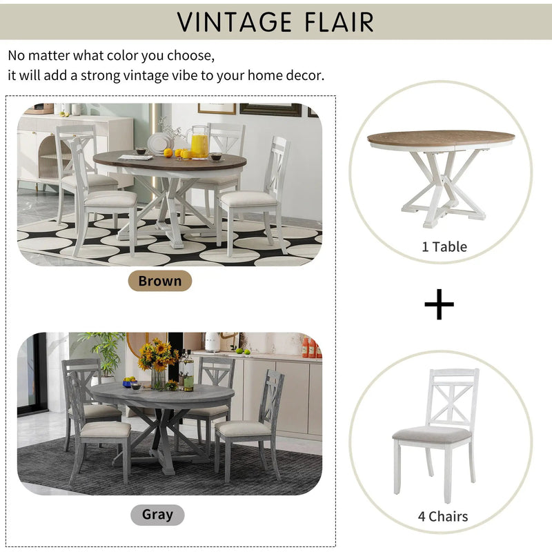 Dining Set With Extendable Round Table And 4 Upholstered Chairs