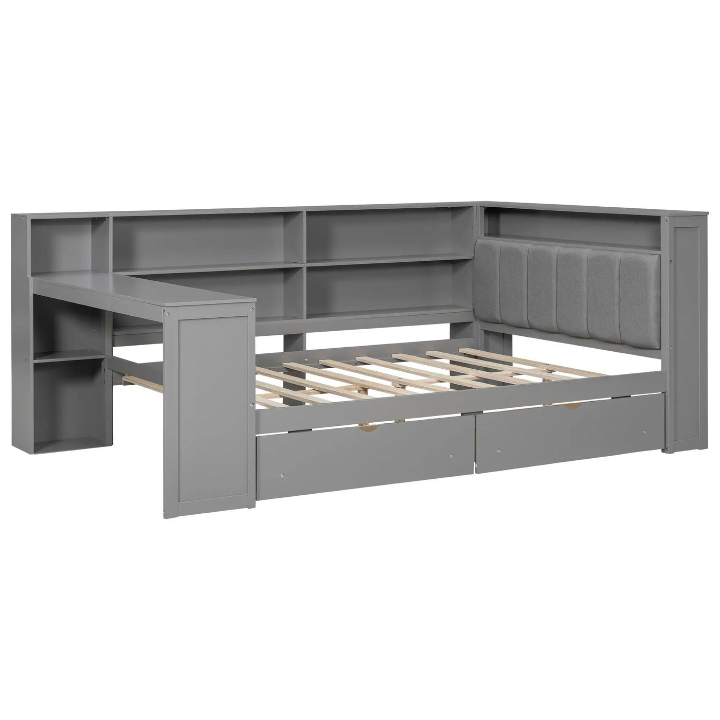 Platform Bed With Storage Shelves, Drawers, Charging Station, LED, Desk by HouseOfZazla
