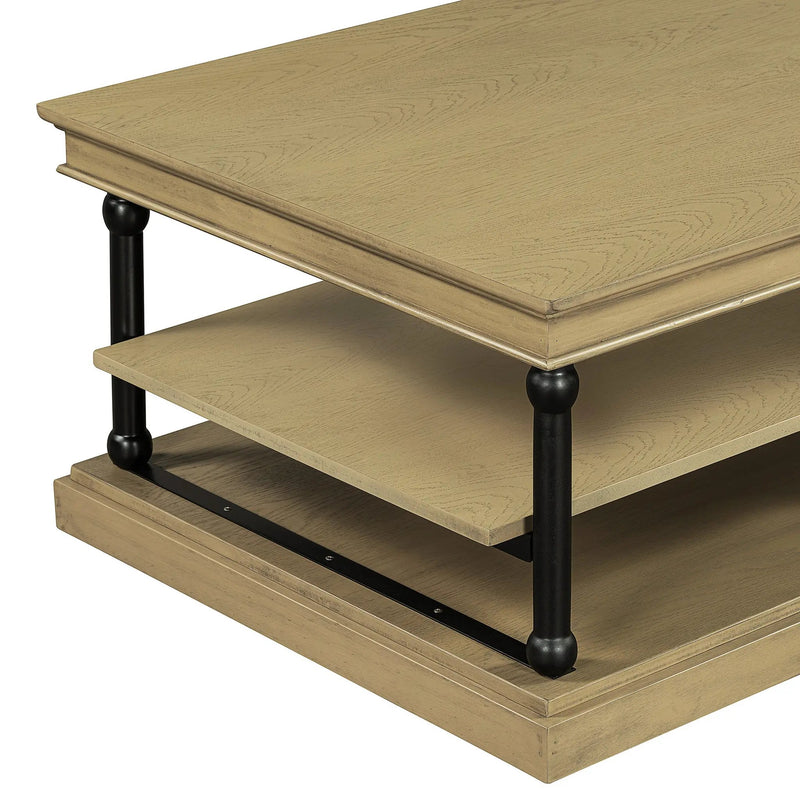 55.1' Wood Coffee Table with Black Legs and Open Storage Shelves by HouseOfZazla