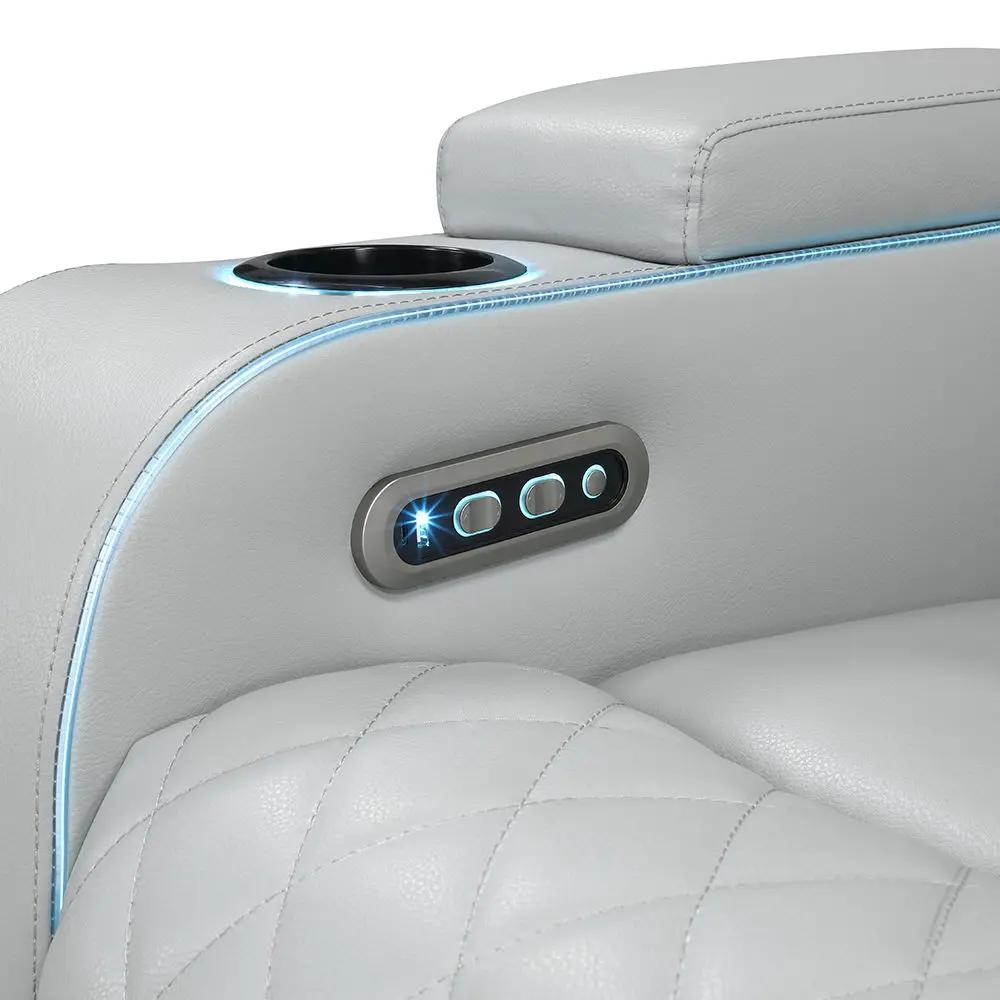 Elonzo - Power Motion Loveseat With Console, LED, Power Headrest & Speaker - Light Gray by Unique Piece Furniture