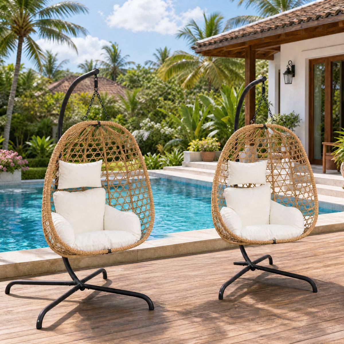 Set of 2 Egg Chairs with Stand - Patio Wicker Hanging Hammock Swing by HouseOfZazla