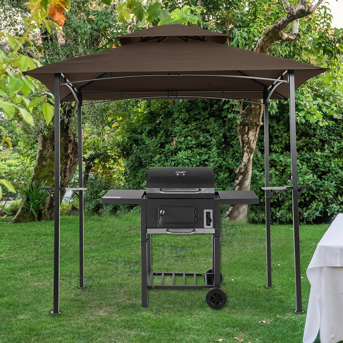 Outdoor Grill Gazebo With Double Tier Soft Top Canopy, Steel Frame, Bar Counters & Hook by HouseOfZazla
