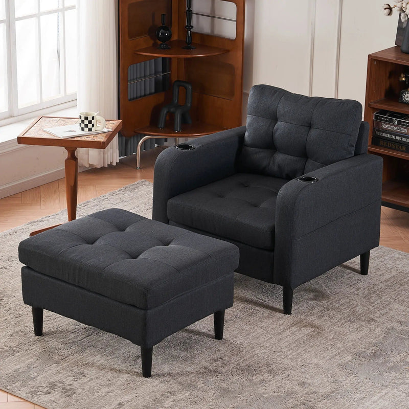 Upholstered Armchair And Storage Ottoman Set, Comfortable Single Sofa With Cup Holders And Tufted Detailing, Ideal For Living Room Or Bedroom by HouseOfZazla