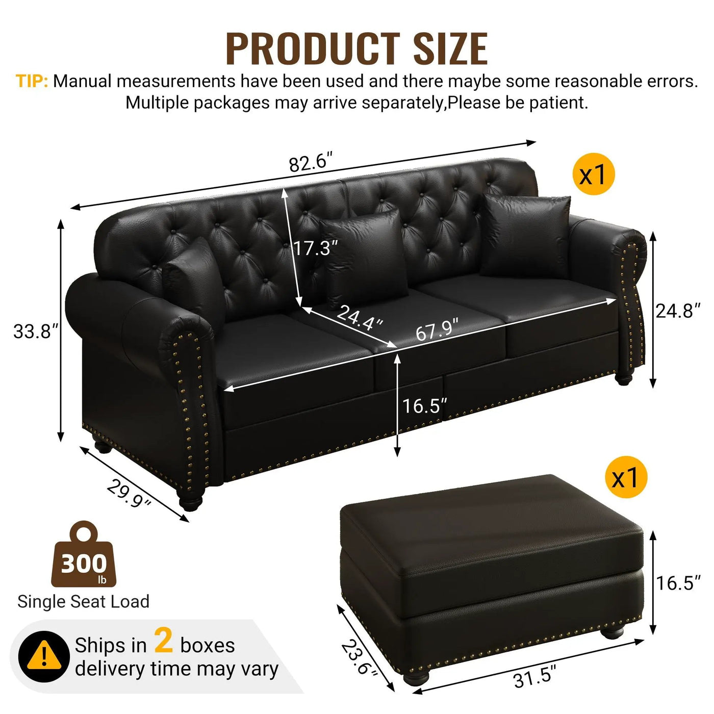 Upholstered Sofa With Nailhead Trim, Rolled Armrests With Ottoman by HouseOfZazla