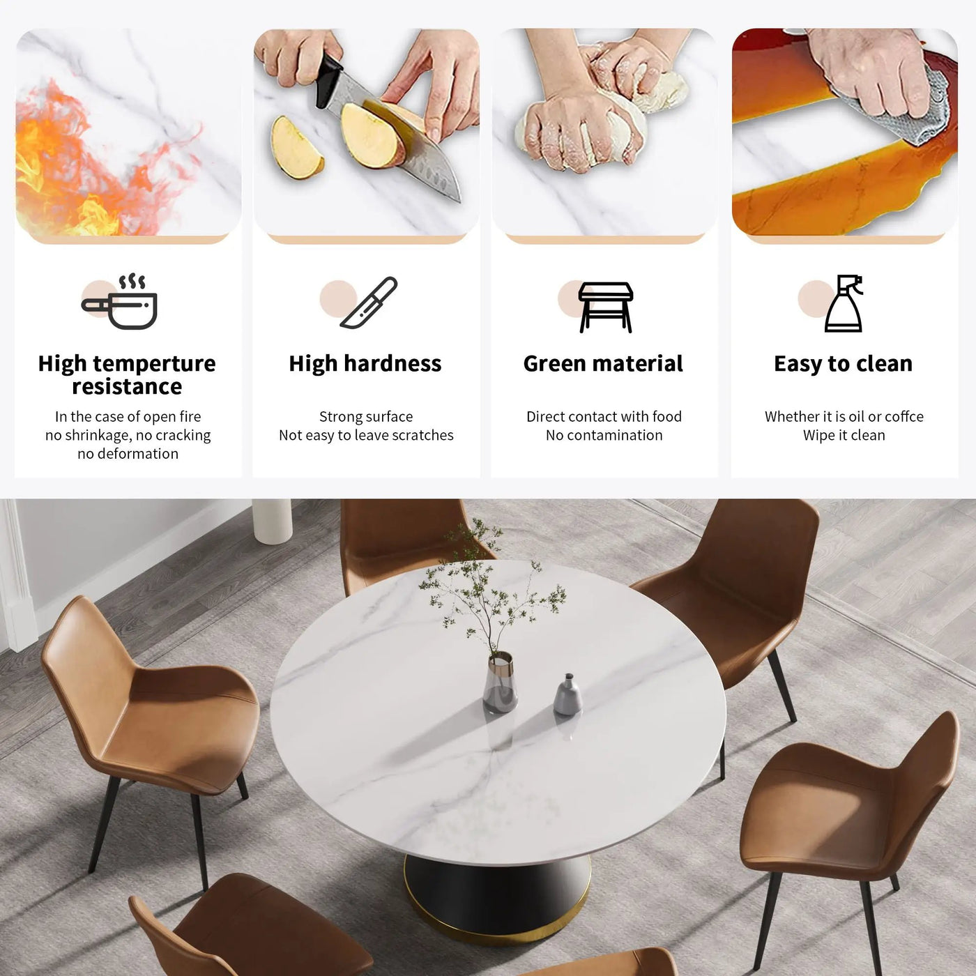 Modern Artificial Stone Round Carbon Steel Base Dining Table, Can Accommodate 6 People by Unique Piece Furniture