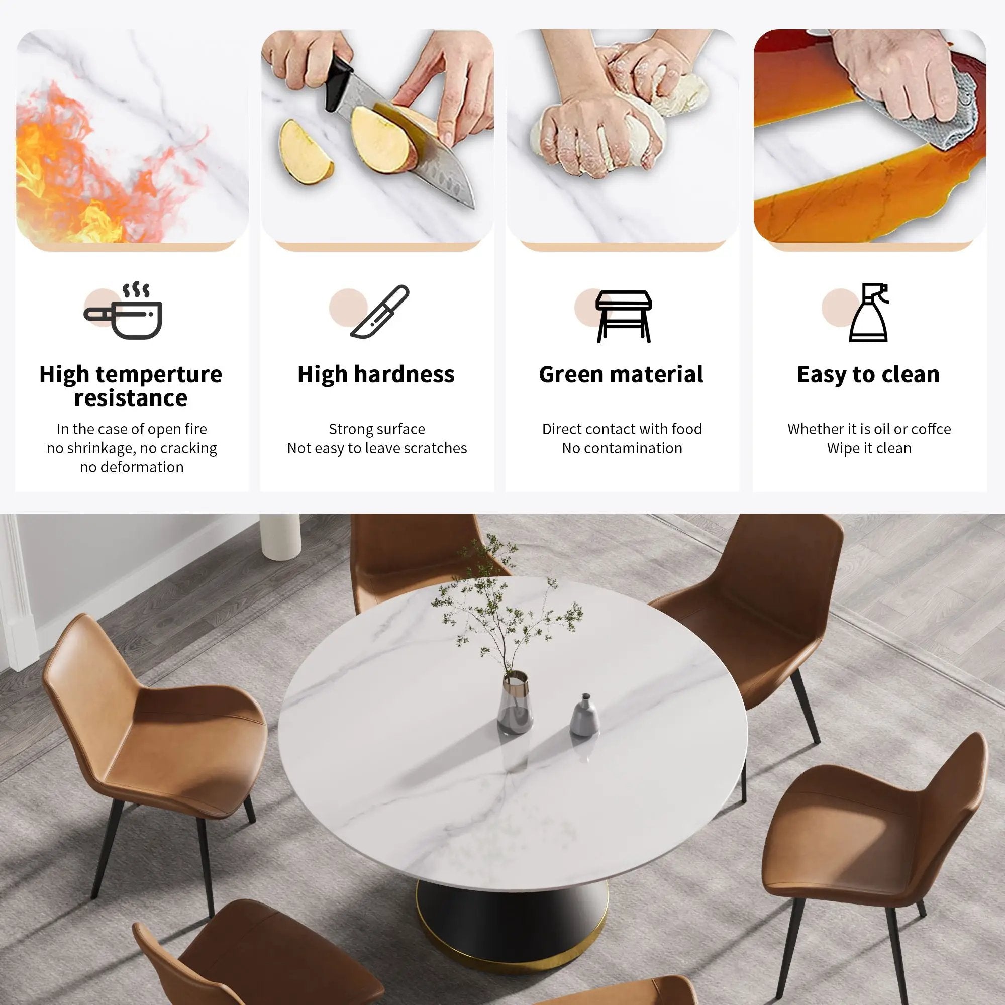 Modern Artificial Stone Round Carbon Steel Base Dining Table, Can Accommodate 6 People by Unique Piece Furniture