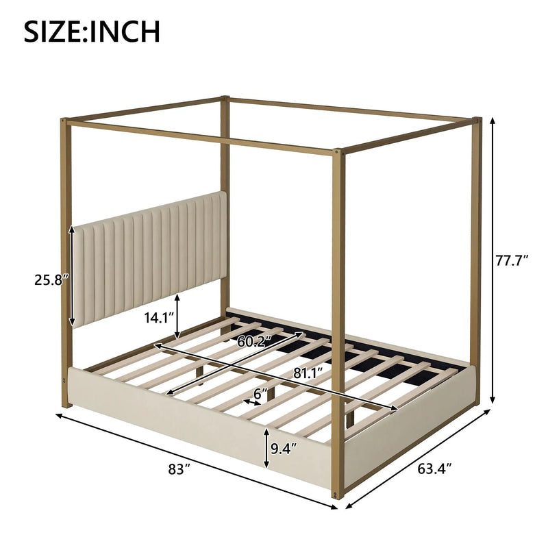 Upholstered Canopy Platform Bed With Frame, Queen Size - Beige by HouseOfZazla
