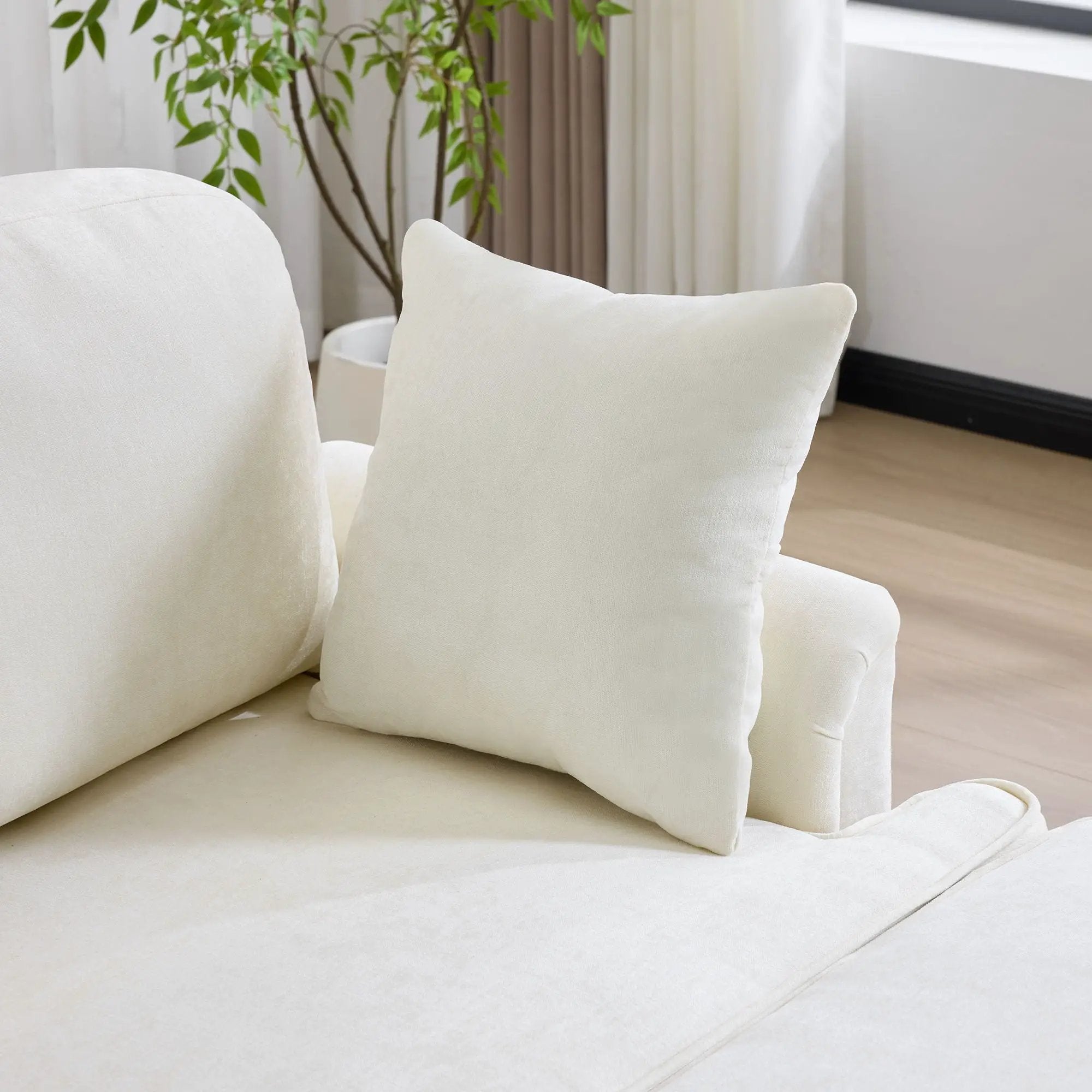 L-Shaped Sectional Sofa With Removable Ruffled Skirt, Flared Arms, Ottoman - White