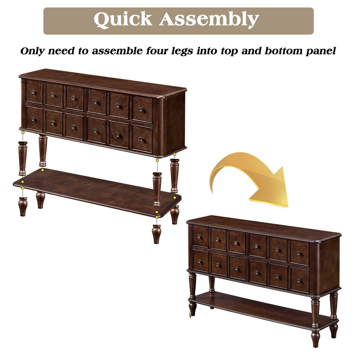 Vintage Console Table with Solid Wood Legs and 4 Storage Drawers - Espresso, photo 5 of 10