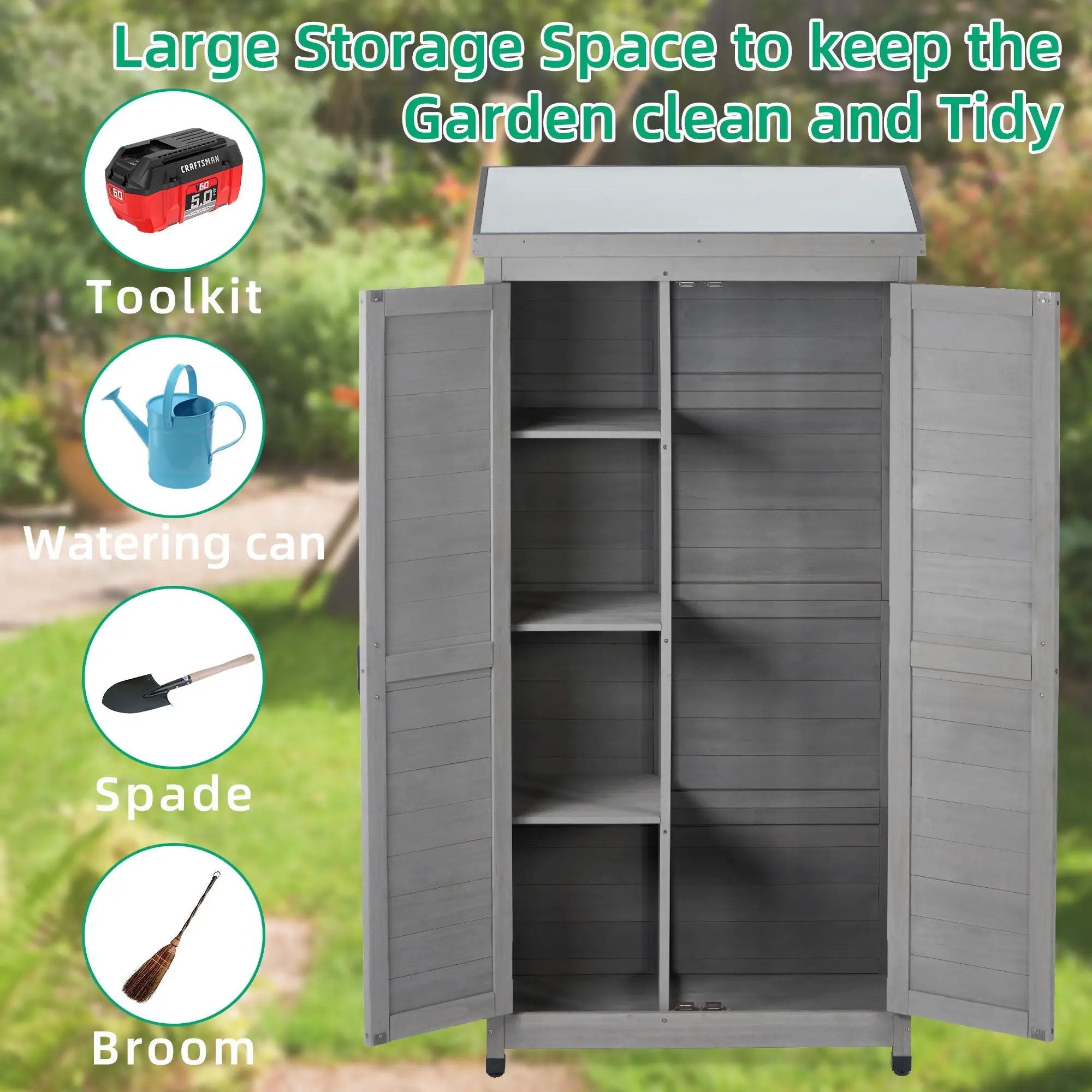 Wood Outdoor Storage Cabinet With Metal Top Garden Shed For Yard And Patio - Gray by HouseOfZazla