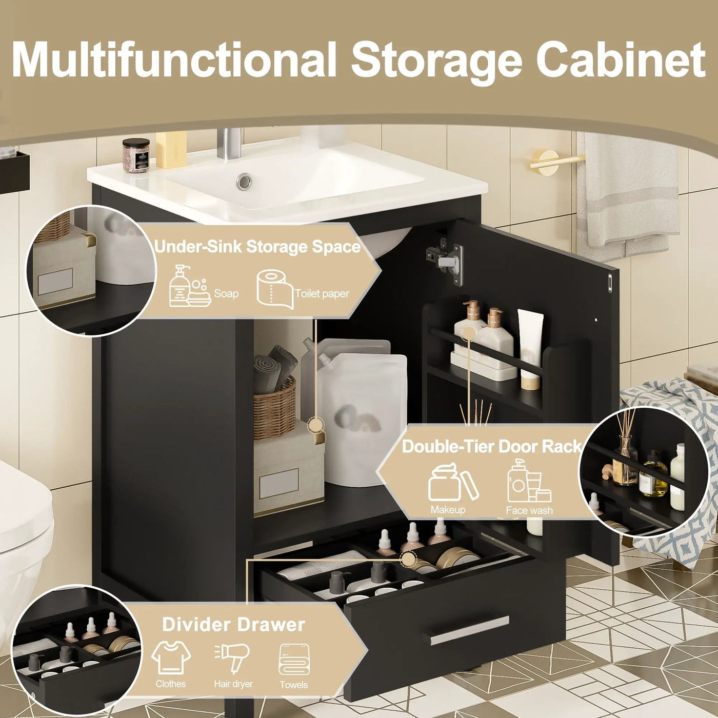 Bathroom Vanity With Ceramic Sink, Soft Close Drawers, Door Organizer, Divider Drawer, Adjustable Foot Pads by Unique Piece Furniture