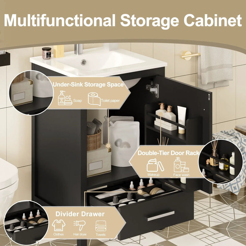 Bathroom Vanity With Ceramic Sink, Soft Close Drawers, Door Organizer, Divider Drawer, Adjustable Foot Pads by Unique Piece Furniture