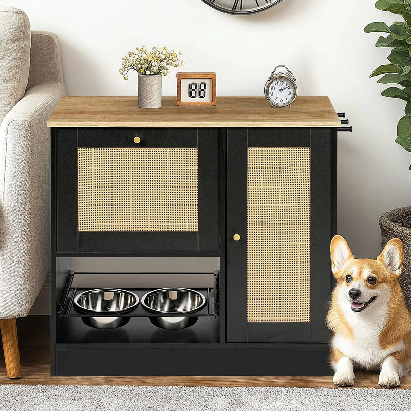 Feeding Station with 2 Lockers and Elevated Bowls Black by HouseOfZazla