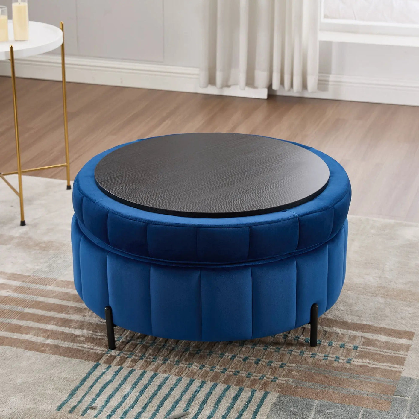 Upholstered Round Ottoman With Reversible Lid, Channel Tufted Pumpkin Shape by Unique Piece Furniture