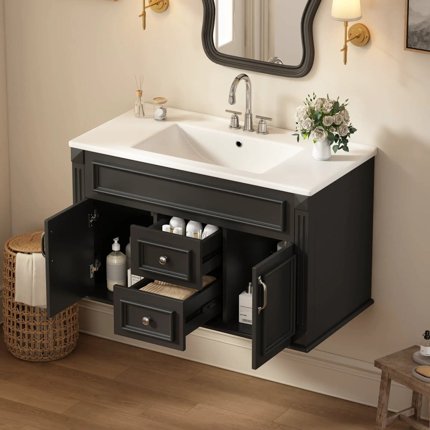 36 Inch Wall Mounted Bathroom Cabinet with Ceramic Sink and Drawers by HouseOfZazla