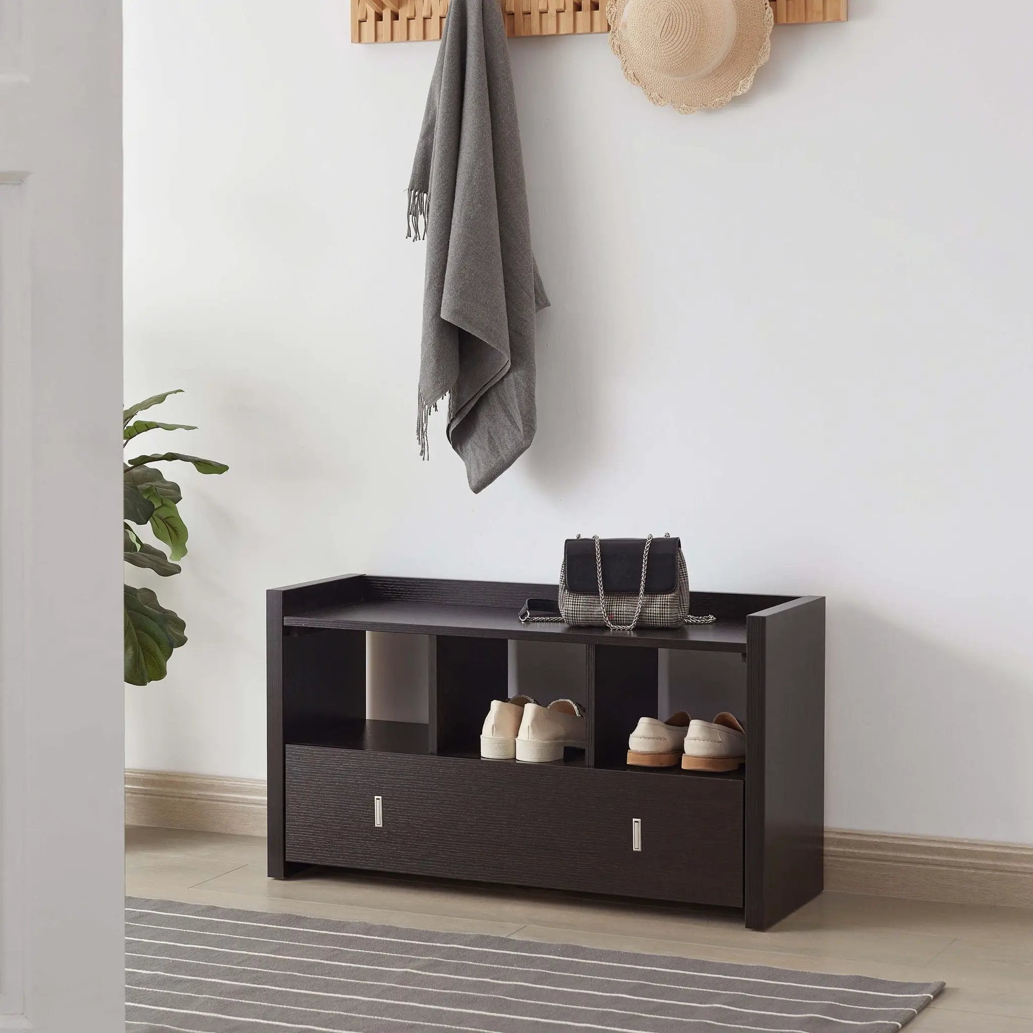 Shoe Entry Bench With Three Shelves, One Drawer With Divided Compartment by Unique Piece Furniture