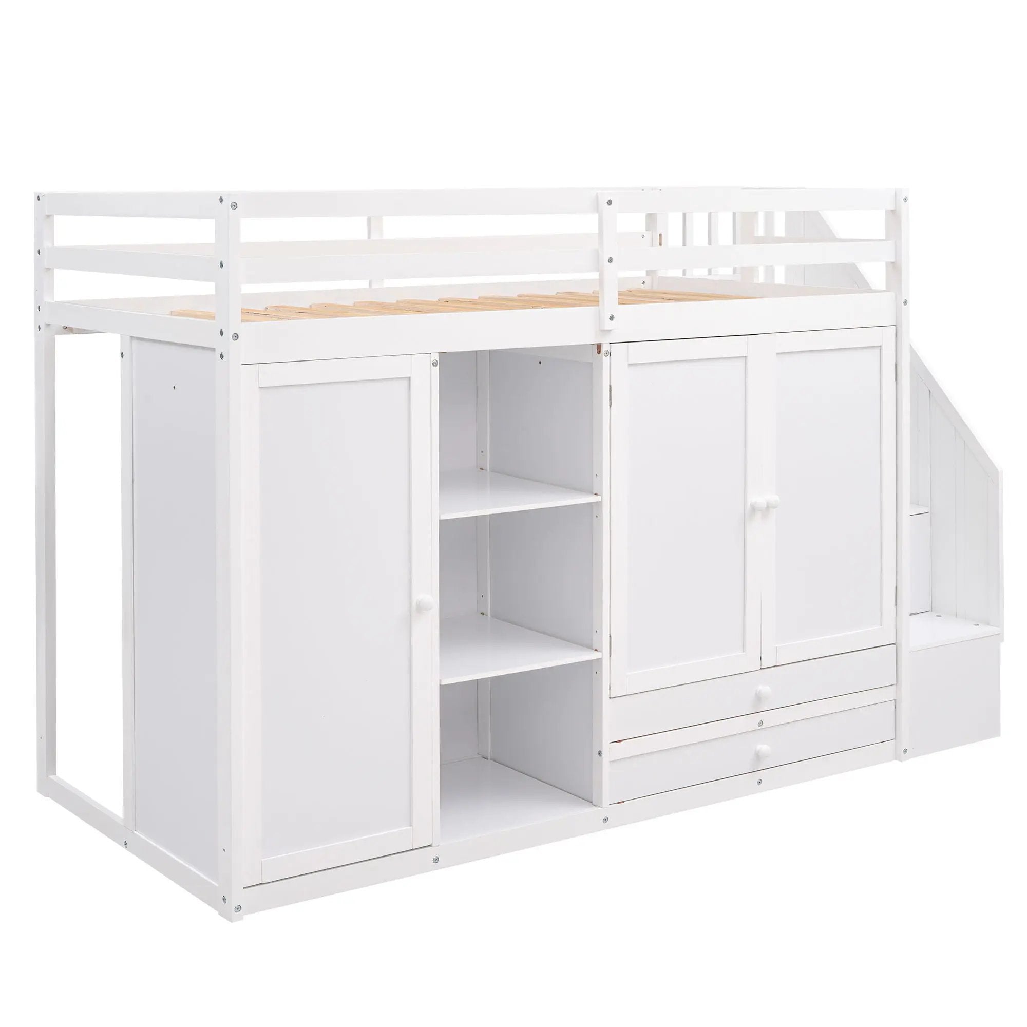 Loft Bed With 3 Shelves, 2 Wardrobes, 2 Drawers, Ladder Storage by HouseOfZazla