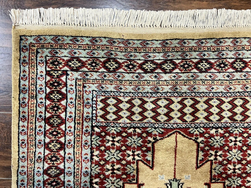 Bokhara Prayer Rug 3x5, Pakistani Turkoman Carpet, Tan, Handmade Vintage Wool Carpet by Jewel Rugs
