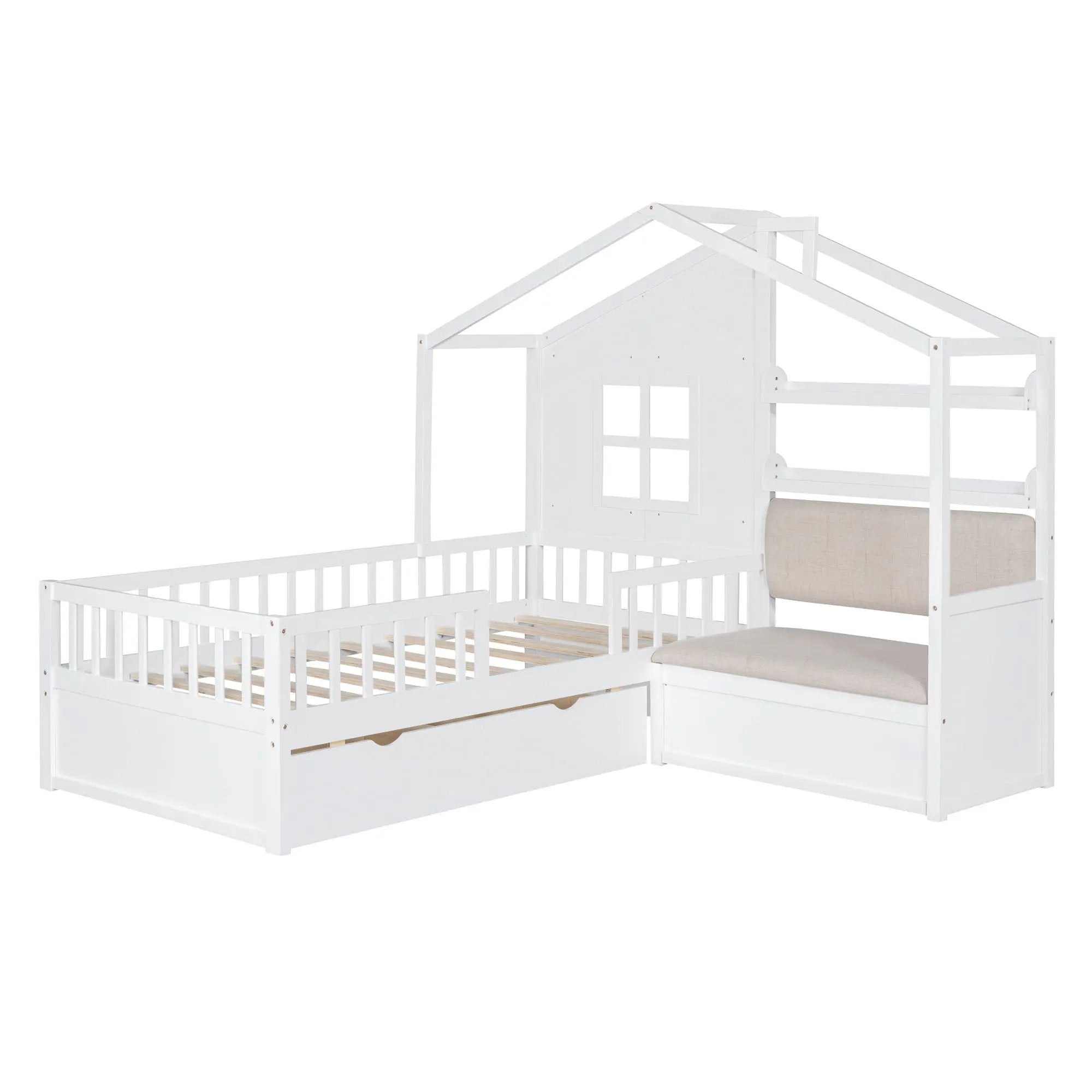 House Bed With Sofa, Kids Platform Bed With 2 Drawers And Storage Shelf by Unique Piece Furniture
