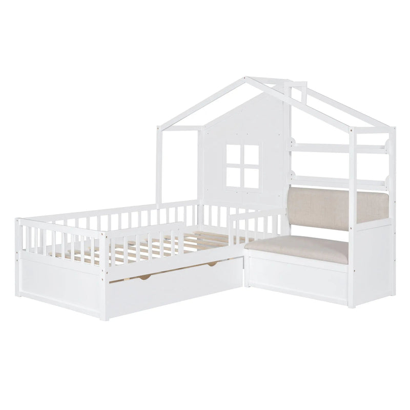 House Bed With Sofa, Kids Platform Bed With 2 Drawers And Storage Shelf by Unique Piece Furniture